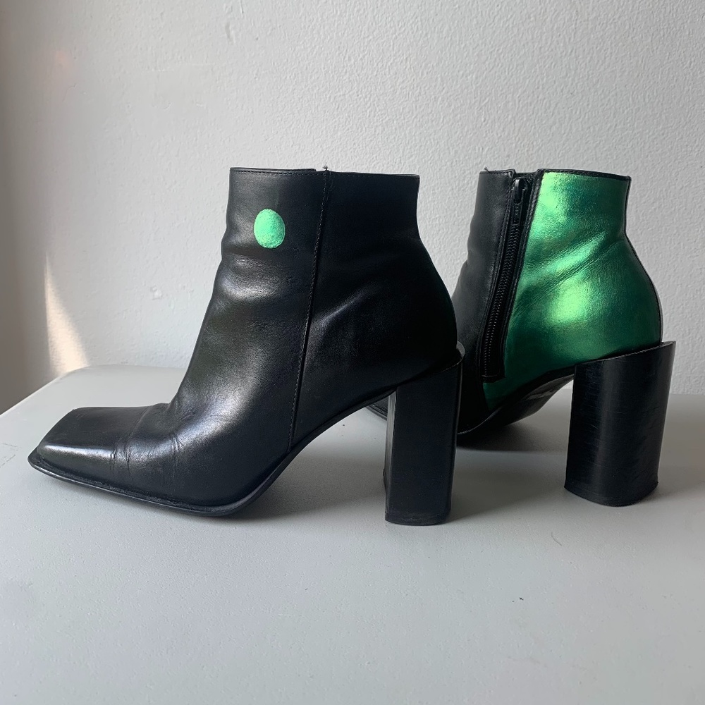 90s Y2K Black Leather Chunky Heel Ankle Boots, Hand Painted Iridescent Boots 7